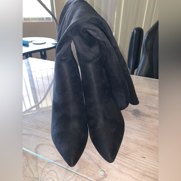 Venus Stiletto Black Suede Crystal Embellished Knee High Boots - Picture 8 of 17